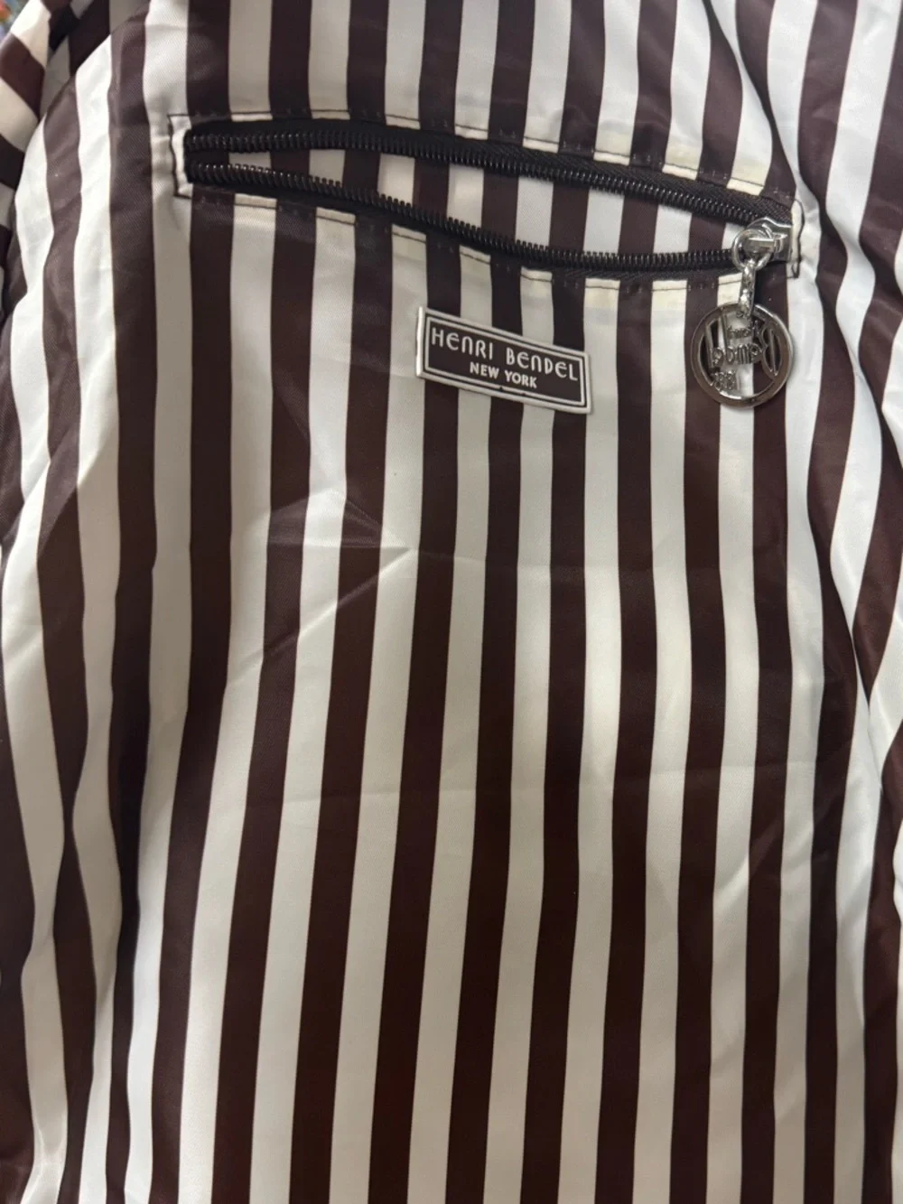Henri Bendel Centennial Stripe packable backpack lightweight brown white nylon